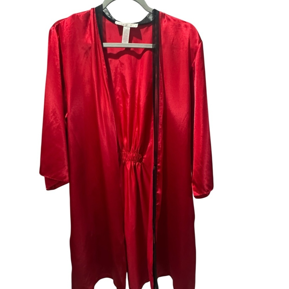 Vintage Oscar de la Renta Pink Label Red Satin Robe with Black Trim